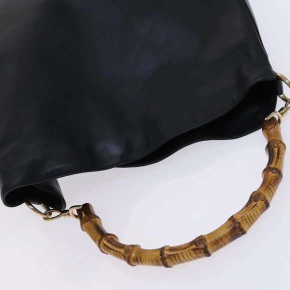 GUCCI Bamboo Hand Bag Leather 2way Black Gold - Picture 6 of 16
